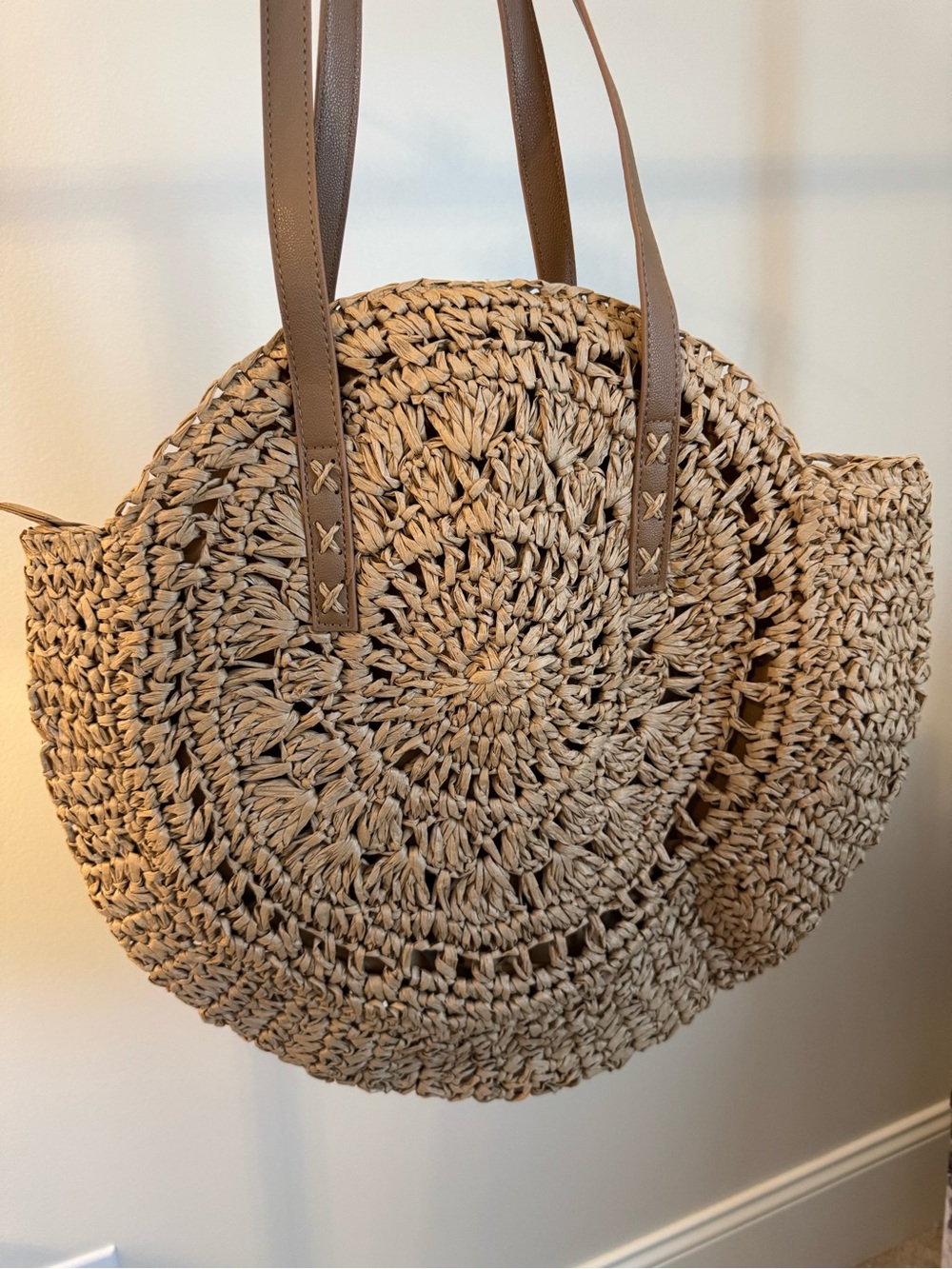 Commense Round Woven Straw Tote with Brown Handles